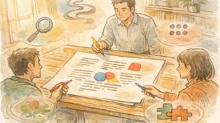 SEO ライティング 添削の評価軸を象徴する三人と原稿用紙、穏やかなスタジオ風景