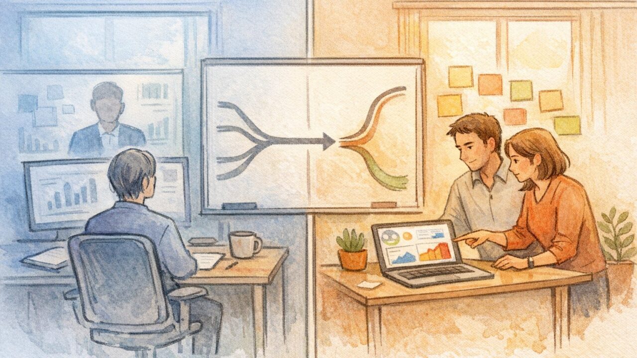 自社運用 SEO ツールへの移行を描いたオフィスの場面、外注から内製への意思決定と学習のバランスを表現