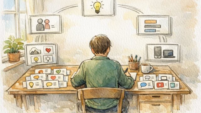 穏やかなデスクワーク風景、1日 10記事 書く方法の前提条件を整理し構造化している様子