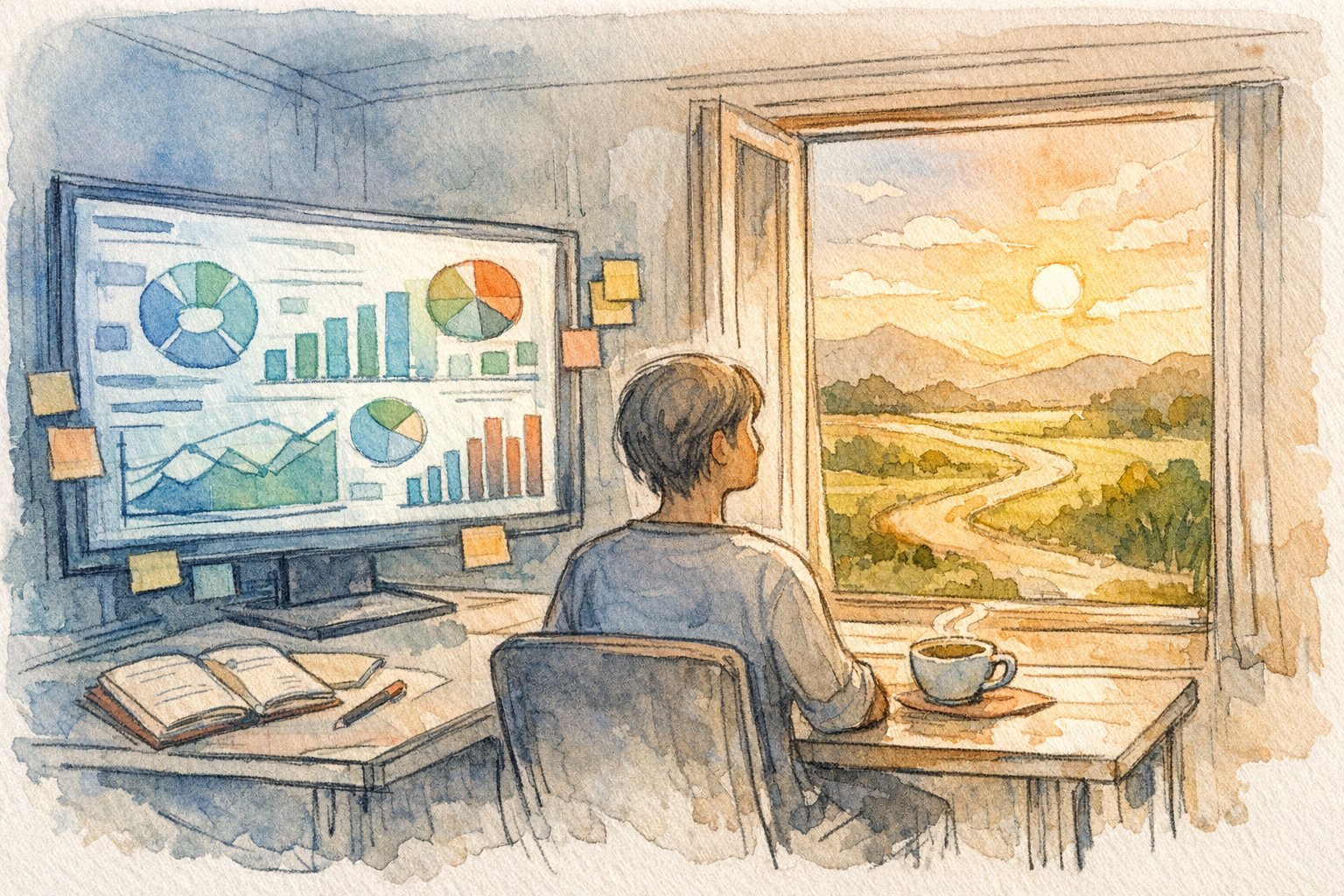 高機能 SEO ツールのデータと現場ユーザー価値を落ち着いてバランスさせる人のイラスト